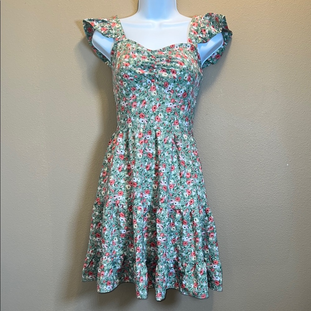 Pretty Garden Women’s Pink Green Fit Flare Mini Dress with Sweetheart Neckline S